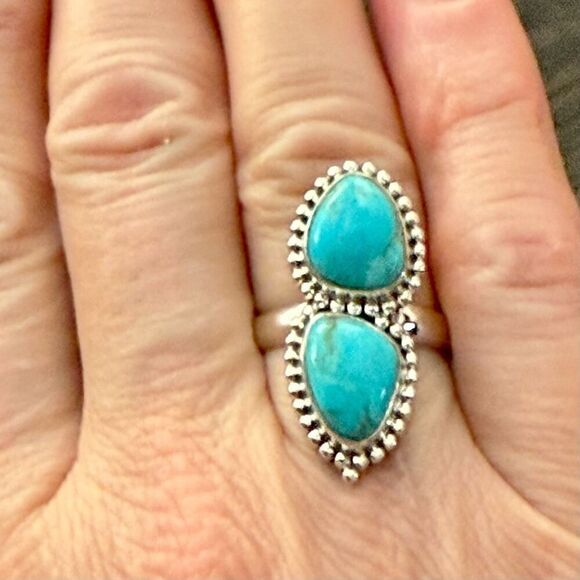 Southwestern Kingman Double Turquoise Statement Boho Ring Sterling Silver Size 6 - Picture 7 of 8